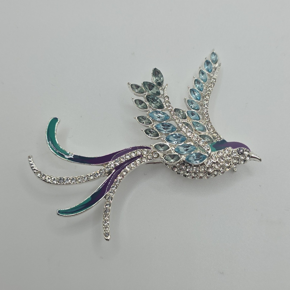 Anne Klein Signed Bird Brooch Silver Tone Blue Rhinestone Enamel